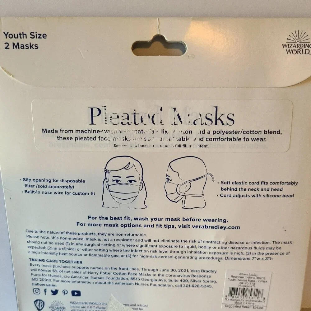 VERA BRADLEY HARRY POTTER PLEATED ''YOUTH'' FACE MASKS (SET OF 2)LIMITED EDITION